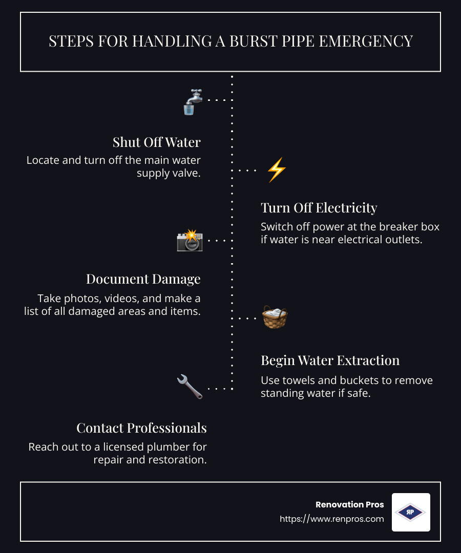 Steps for handling a burst pipe emergency, including shutting off water, documenting damage, and contacting professionals - burst pipe repair temecula infographic infographic-line-5-steps-dark