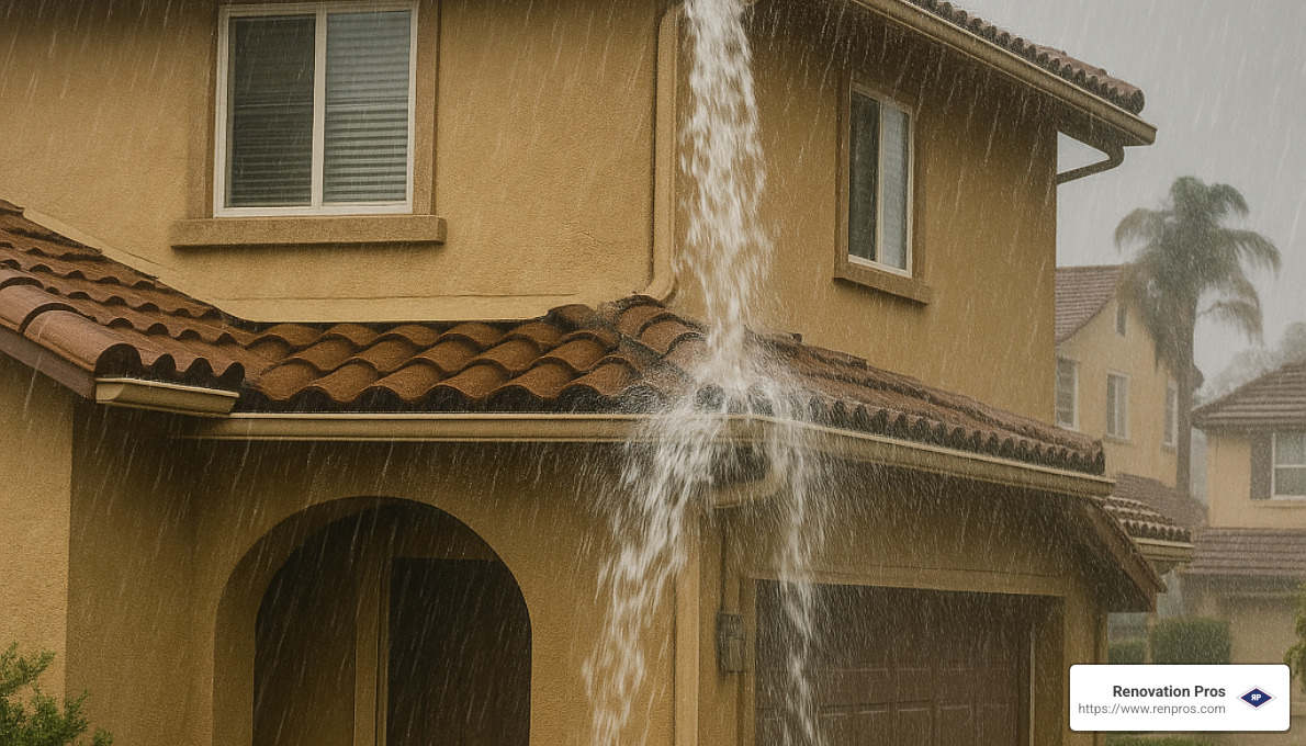 Overflowing gutters on a Temecula home with water cascading down the side of the house - clogged gutters water damage temecula Overflowing gutters on a Temecula home with water cascading down the side of the house - clogged gutters water damage temecula