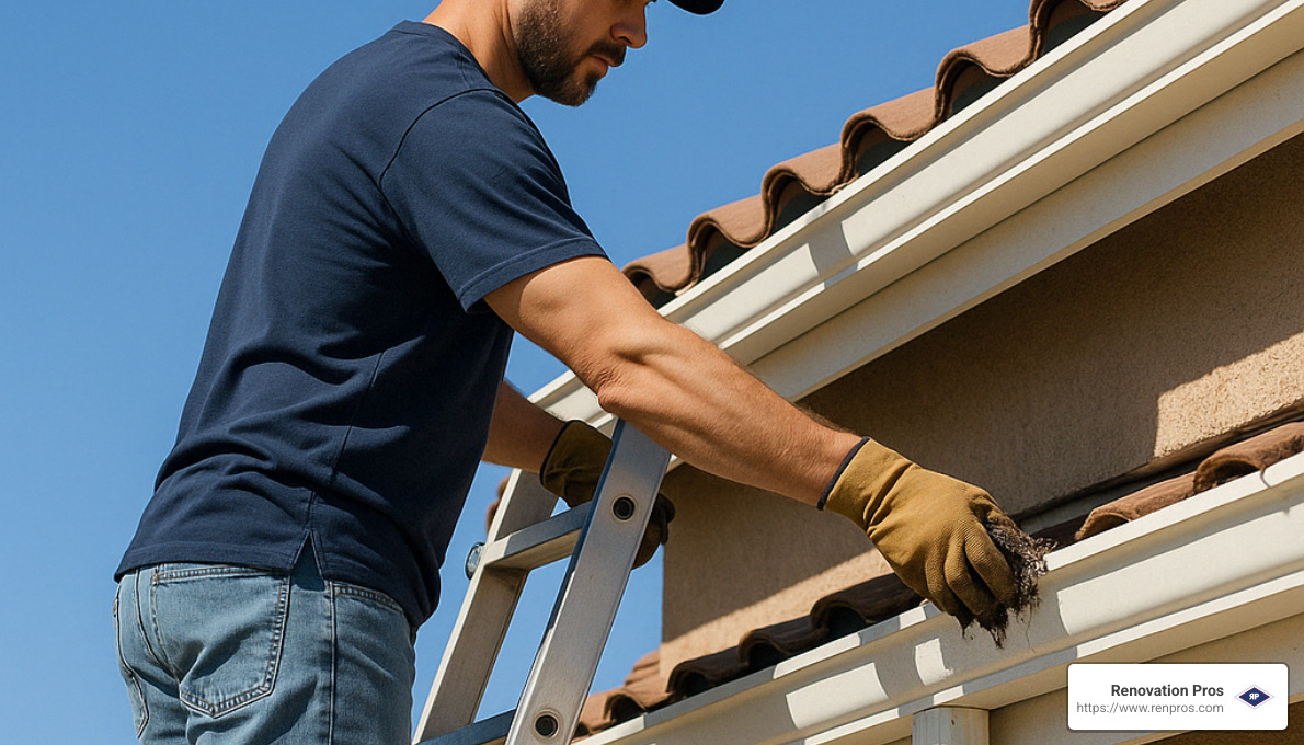 Professional gutter cleaning in progress on a Temecula home - clogged gutters water damage temecula Professional gutter cleaning in progress on a Temecula home - clogged gutters water damage temecula