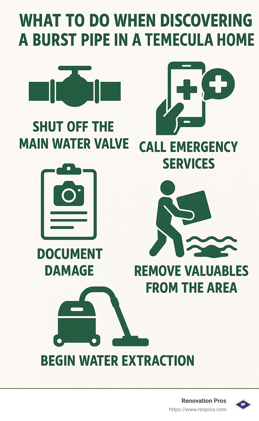 Steps to take when you find a burst pipe in your Temecula home, including shutting off the main water valve, calling emergency services, documenting damage, removing valuables from the area, and beginning water extraction - burst pipe repair temecula infographic 