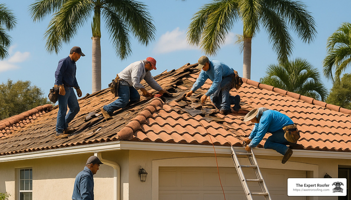 Local roofers working on a Deerfield Beach home with palm trees in background - Roofer Near Me Deerfield Beach