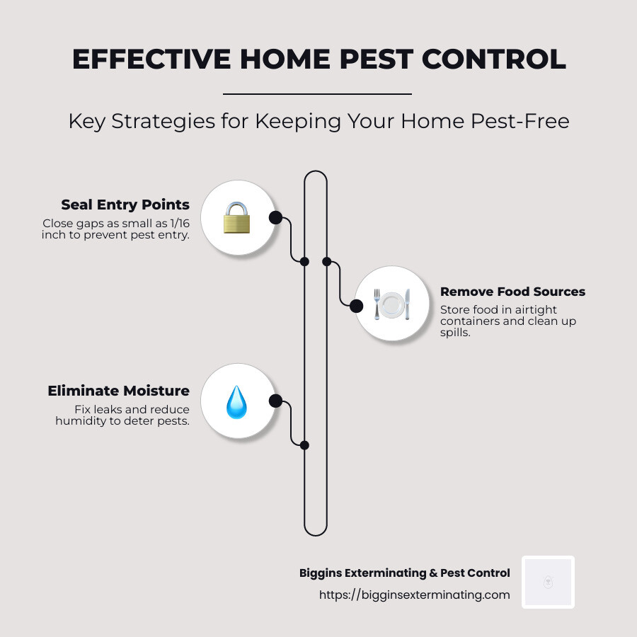 Comprehensive guide to home pest control showing entry points, prevention methods, and treatment options - Home pest control tips infographic infographic-line-3-steps-neat_beige