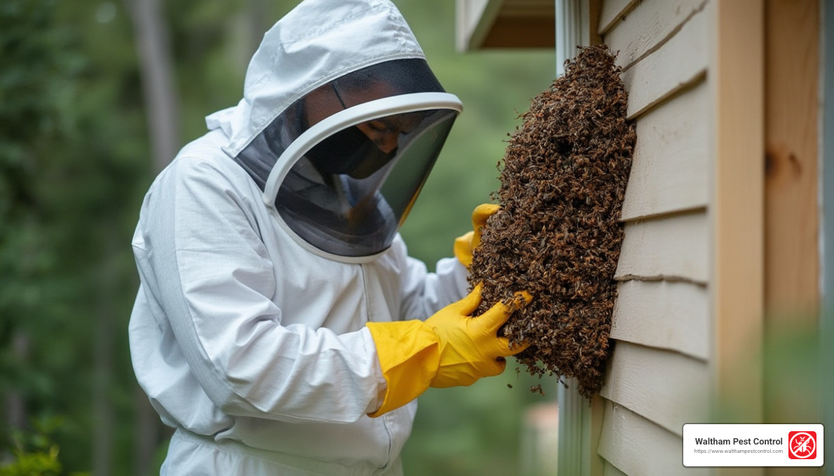 Professional safely removing a wasp nest - how to get rid of wasp nests