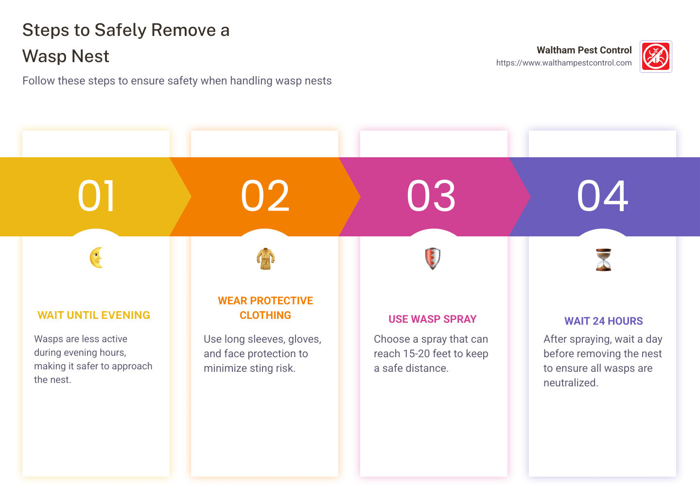 Step-by-step guide for safely removing wasp nests showing timing (evening removal), protective gear requirements, application techniques for insecticides, safe distances to maintain, waiting periods, and when to call professionals - how to get rid of wasp nests infographic pillar-4-steps