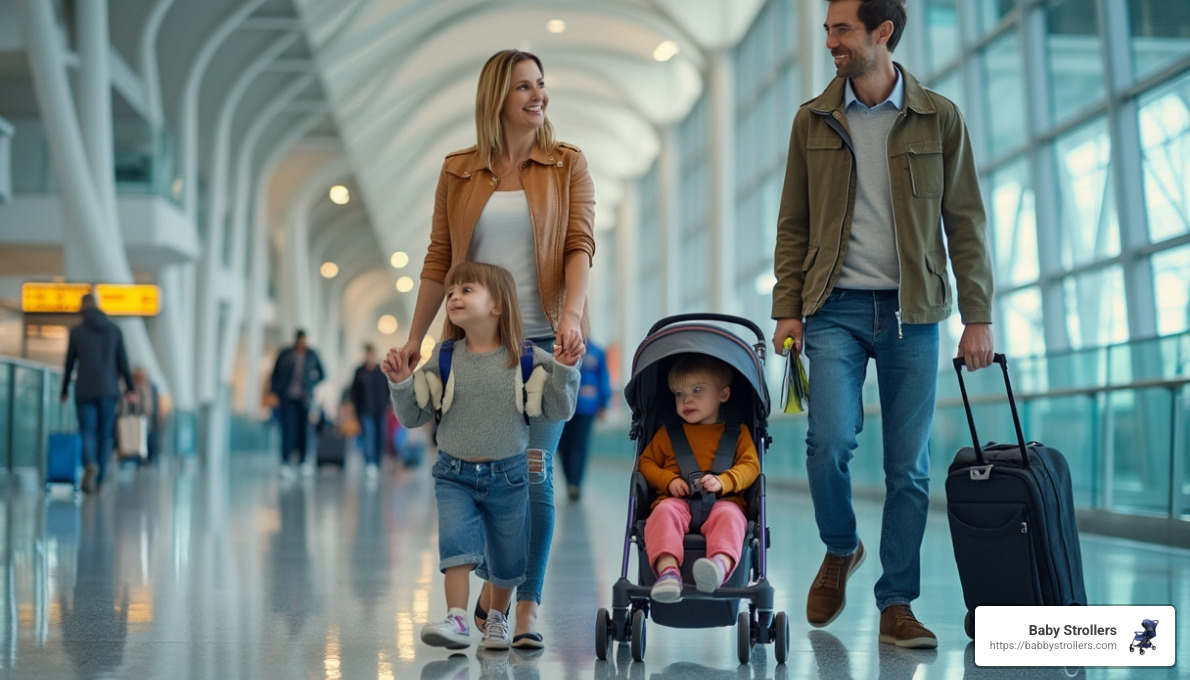 family traveling through airport with compact stroller - budget friendly travel stroller