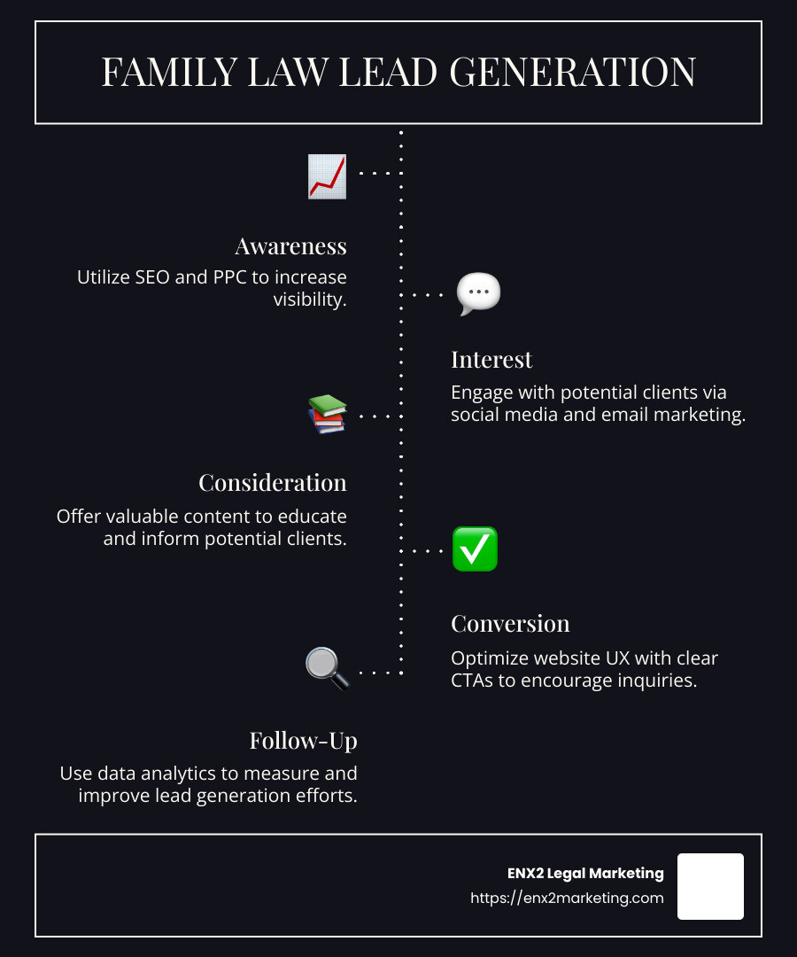 Family law lead generation process showing awareness, interest, consideration, and conversion stages with specific tactics for each stage - family law lead generation infographic infographic-line-5-steps-dark