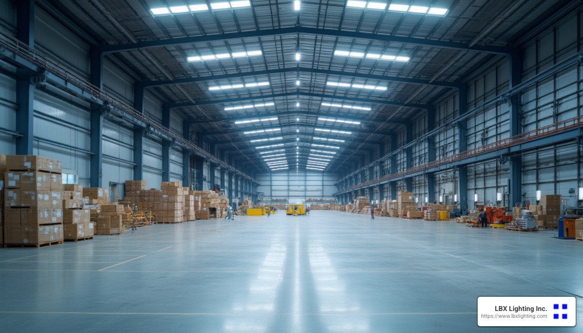 Industrial manufacturing facility with LED high bay lighting showing clear visibility - LED lighting for high ceilings