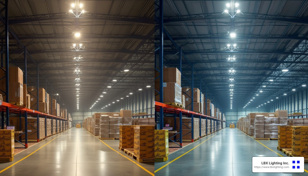 Before and after comparison of a warehouse with LED high bay lighting upgrade - LED lighting for high ceilings