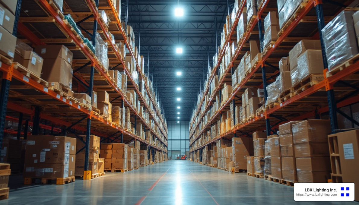 Warehouse with high racking illuminated by LED high bay lighting - LED lighting for high ceilings