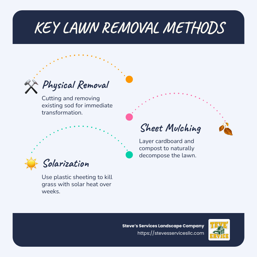 Comparison of lawn removal methods showing sheet mulching, solarization, and physical removal with their respective costs, time requirements, and environmental benefits - lawn removal service infographic infographic-line-3-steps-blues-accent_colors