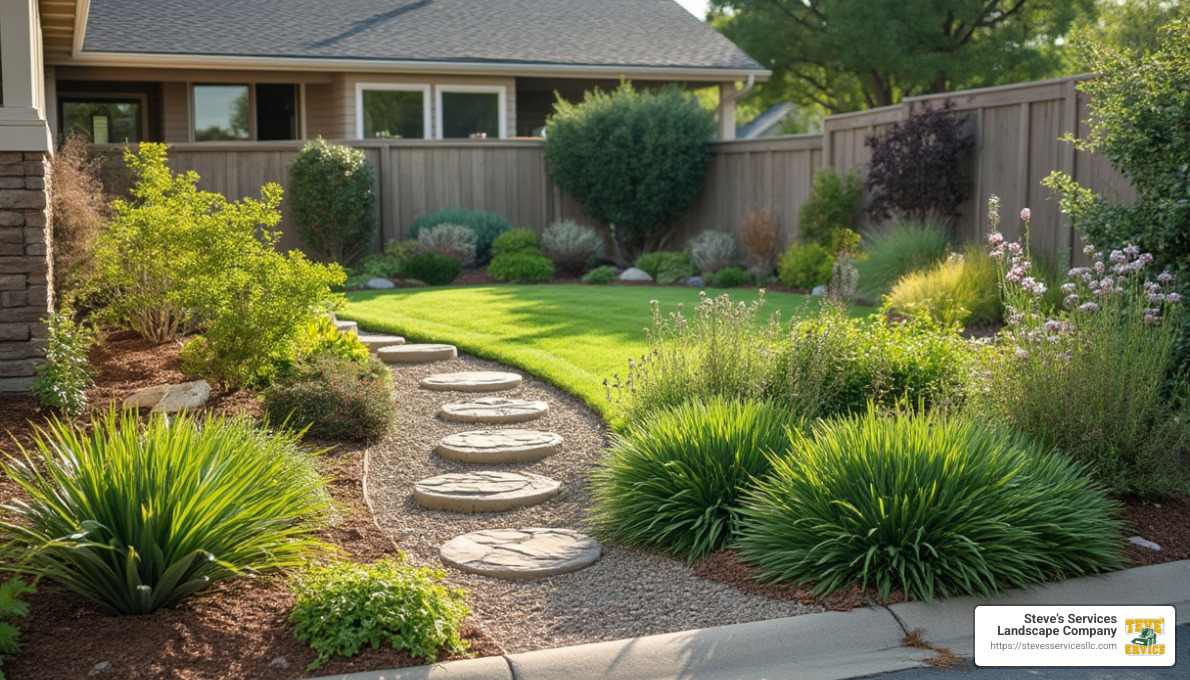 transformed yard with sustainable landscaping - lawn removal service