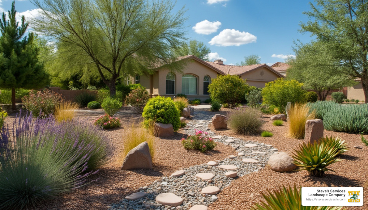 drought-resistant landscape with native plants and decorative stones - lawn removal service