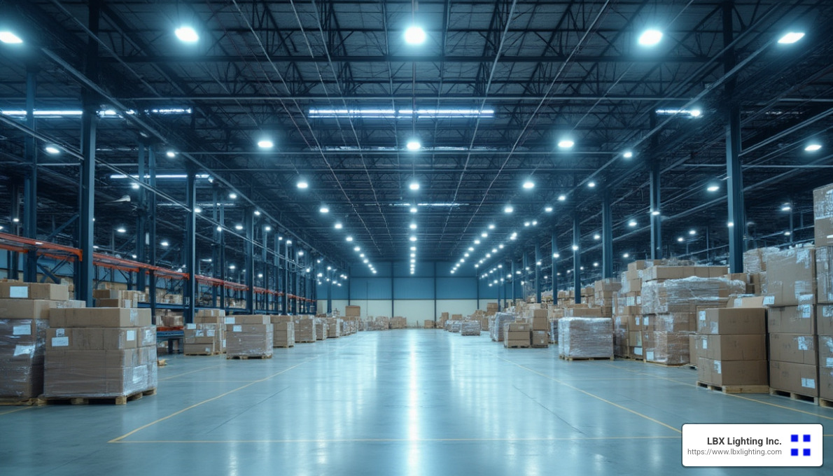 Commercial warehouse with LED high bay lighting showing uniform illumination - LED lighting for high ceilings