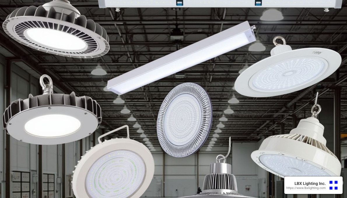 Different types of LED high bay lights including UFO, linear, and pendant styles - LED lighting for high ceilings