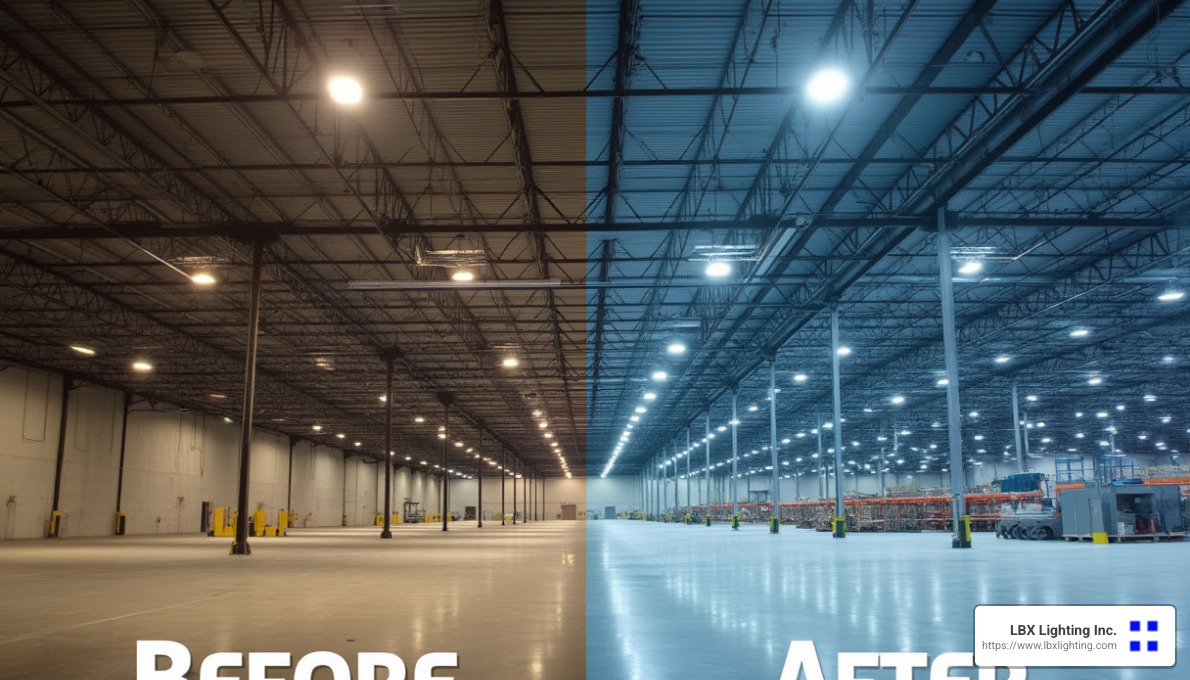 LED high bay lighting installation process showing before and after change - LED lighting for high ceilings