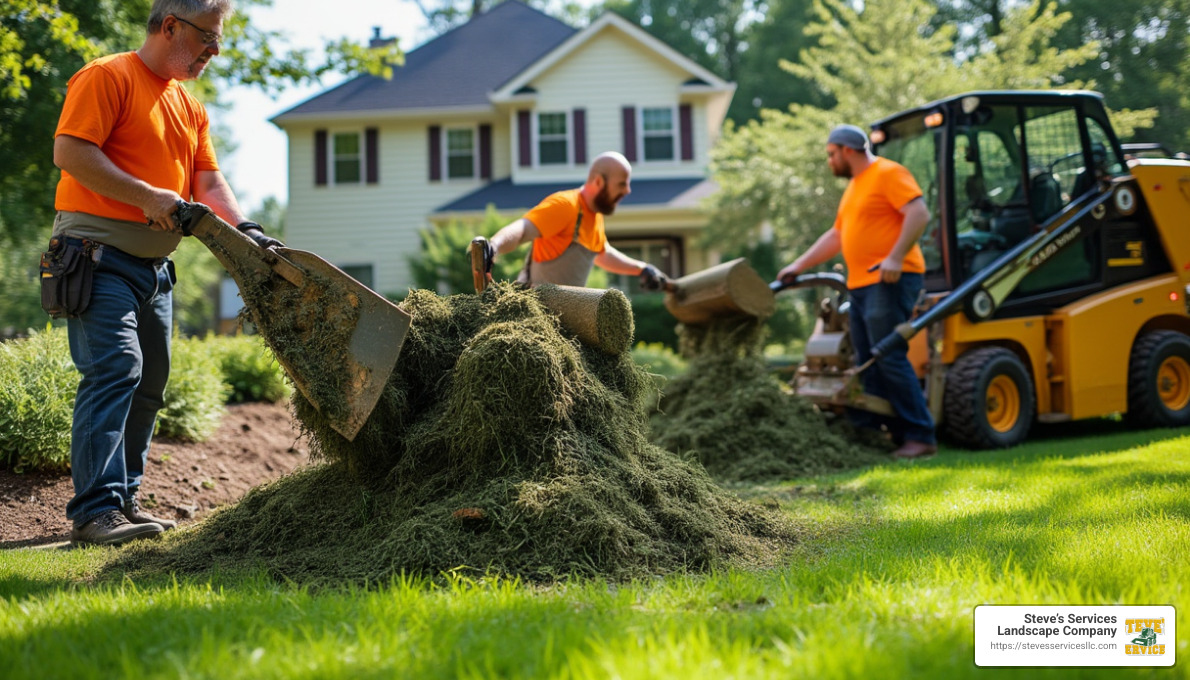 professional lawn removal process showing a team removing sod - lawn removal service