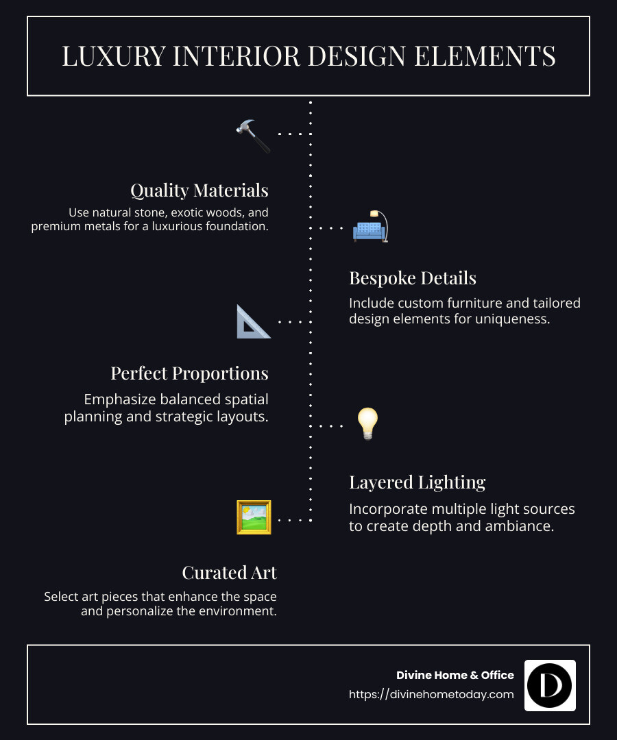 Key elements of luxury interior design including quality materials, custom furniture, strategic lighting, curated art pieces, and balanced proportions, showing how these elements work together to create sophisticated yet comfortable spaces - luxury interior design infographic infographic-line-5-steps-dark