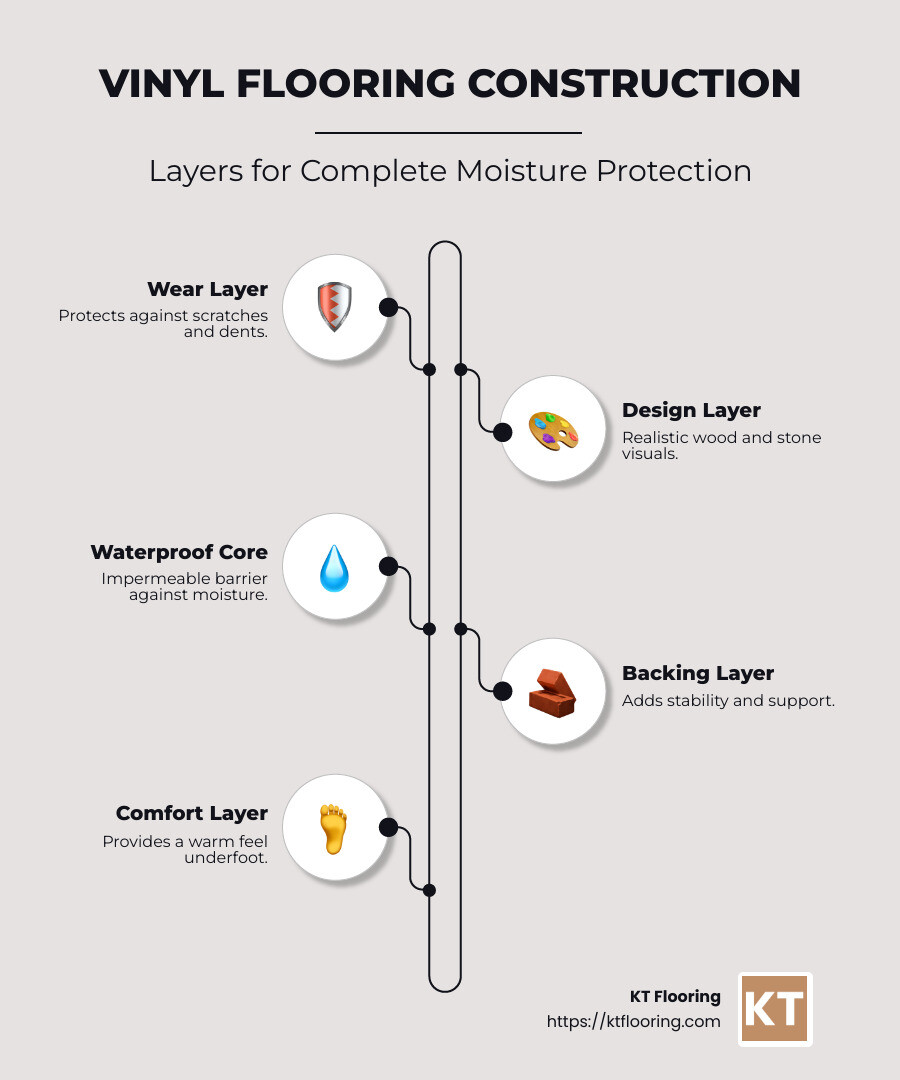 Comparison of vinyl waterproof flooring construction showing multiple layers including wear layer, design layer, waterproof core, and backing that create complete moisture protection - vinyl waterproof flooring infographic infographic-line-5-steps-neat_beige