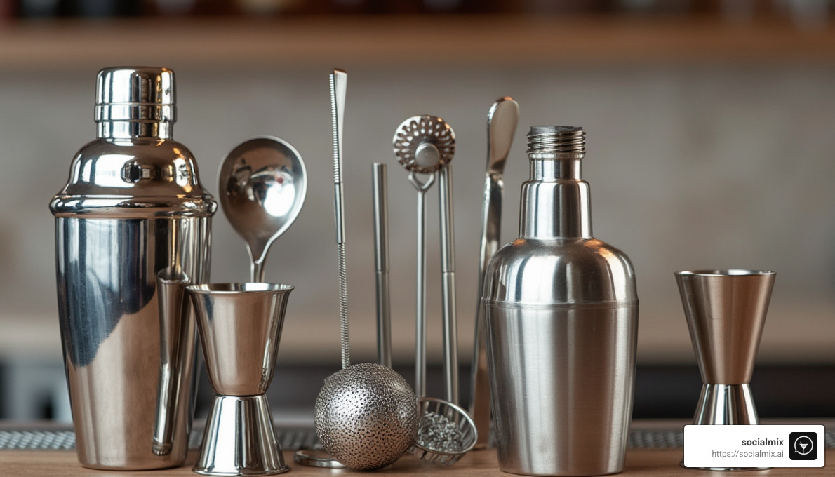 bartender tools arranged neatly for virtual demonstration - virtual cocktail party app