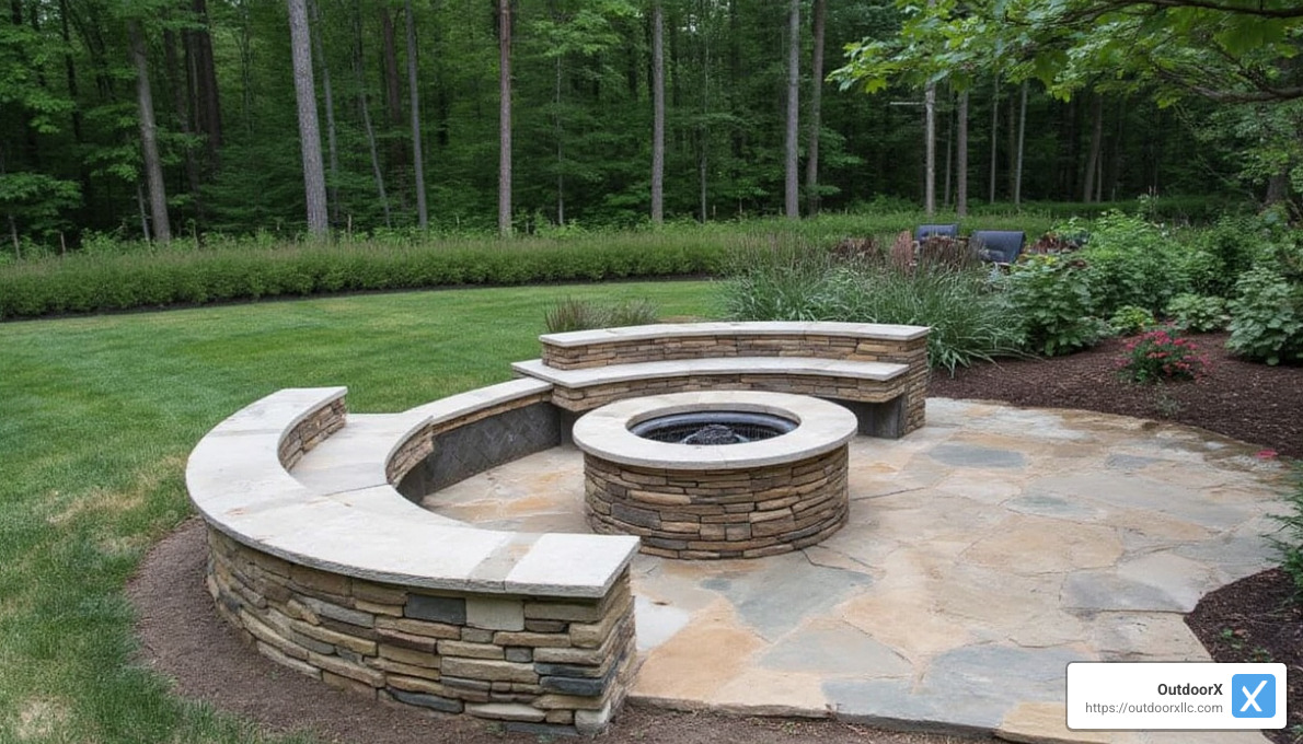 custom stone firepit with built-in seating - Backyard Firepits