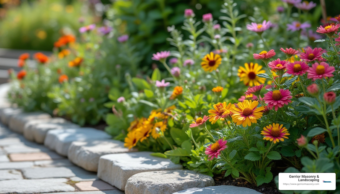 limestone garden edging with flowering plants - Decorative stone garden edging