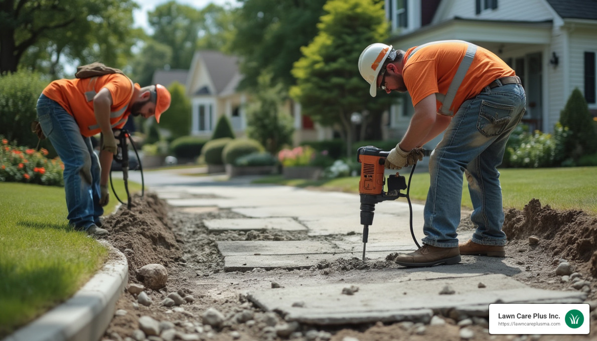 workers removing old concrete driveway with jackhammers - concrete driveway removal and replacement