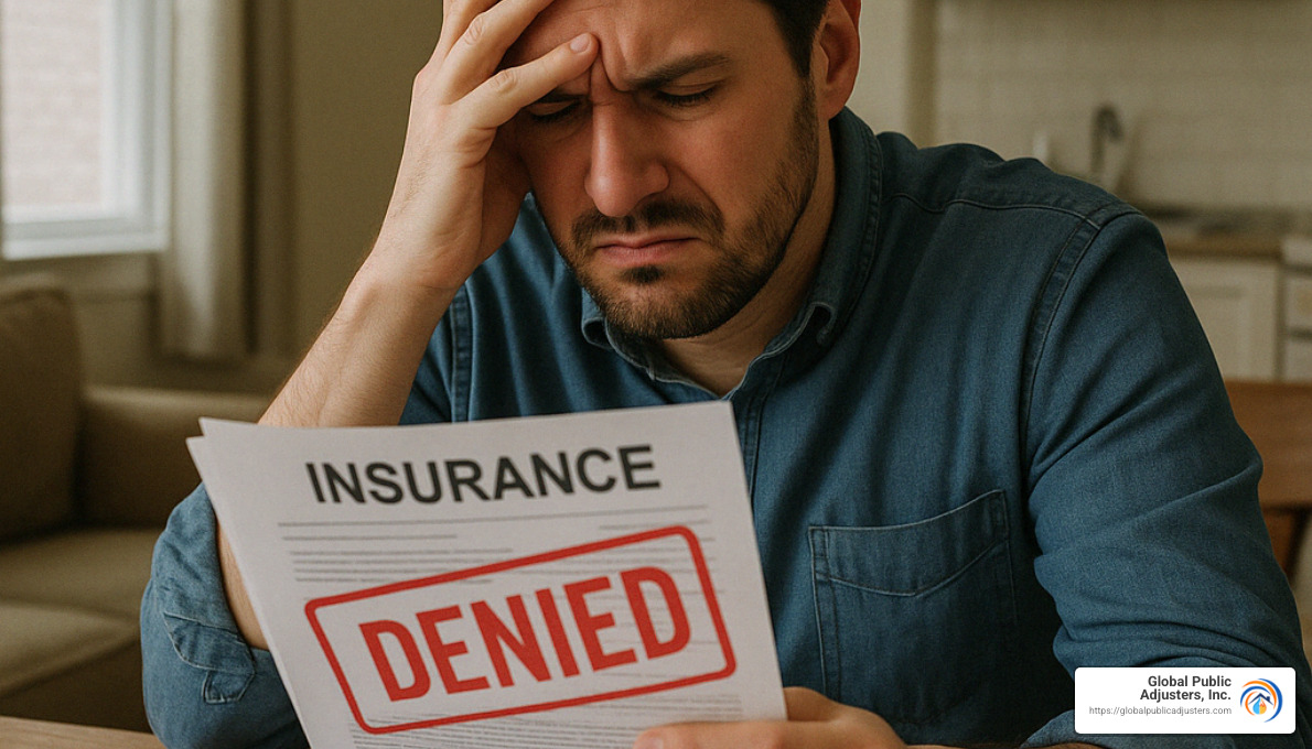 Frustrated homeowner looking at insurance paperwork with denial stamp - attorney to help with insurance claims