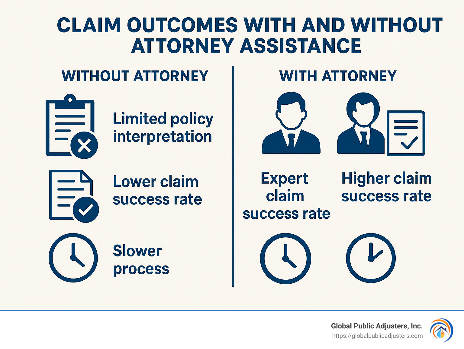 Comparison of claim outcomes with and without attorney assistance - attorney to help with insurance claims infographic 