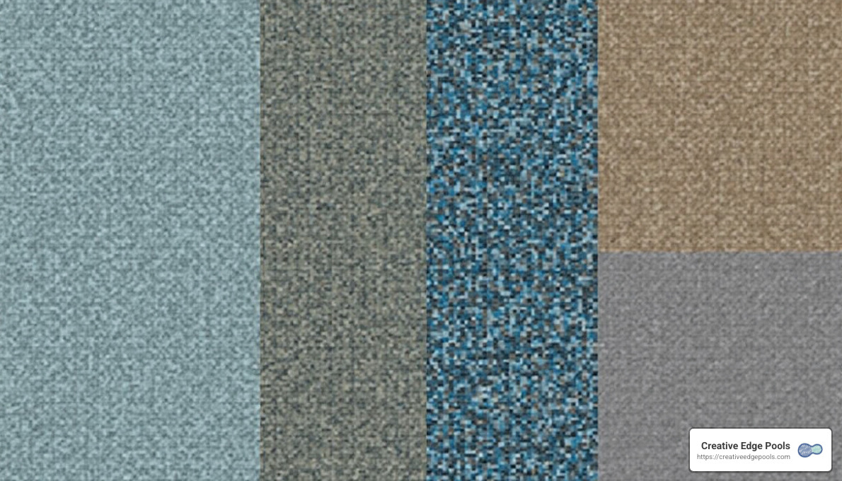 Color samples of various pool plaster finishes including light blue, gray, and textured options, showcasing choices for homeowners considering pool aesthetics and durability by Creative Edge Pools.