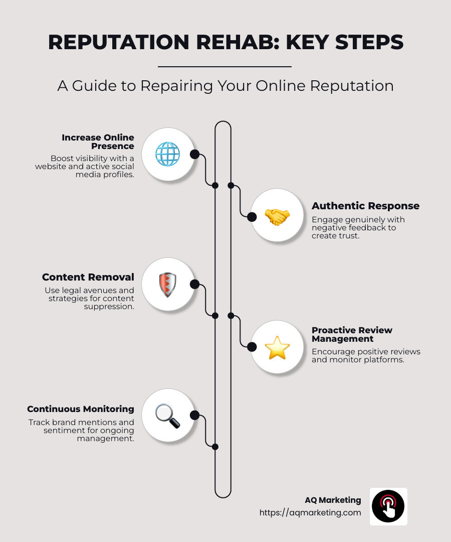 Comprehensive flowchart showing the online reputation repair process including monitoring, content creation, review management, and suppression techniques with timeline estimates for each stage - online reputation repair infographic infographic-line-5-steps-neat_beige
