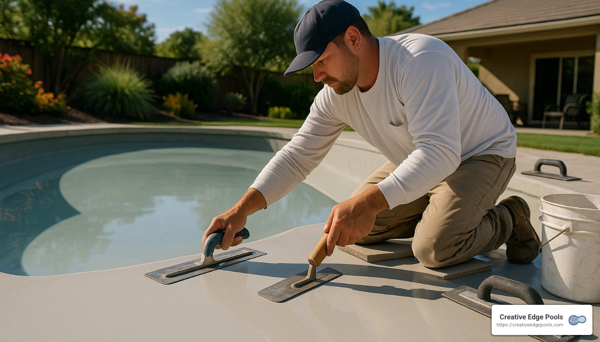 Professional pool plastering in progress, worker applying smooth plaster finish to pool surface, showcasing quality craftsmanship and attention to detail for durable pool aesthetics.