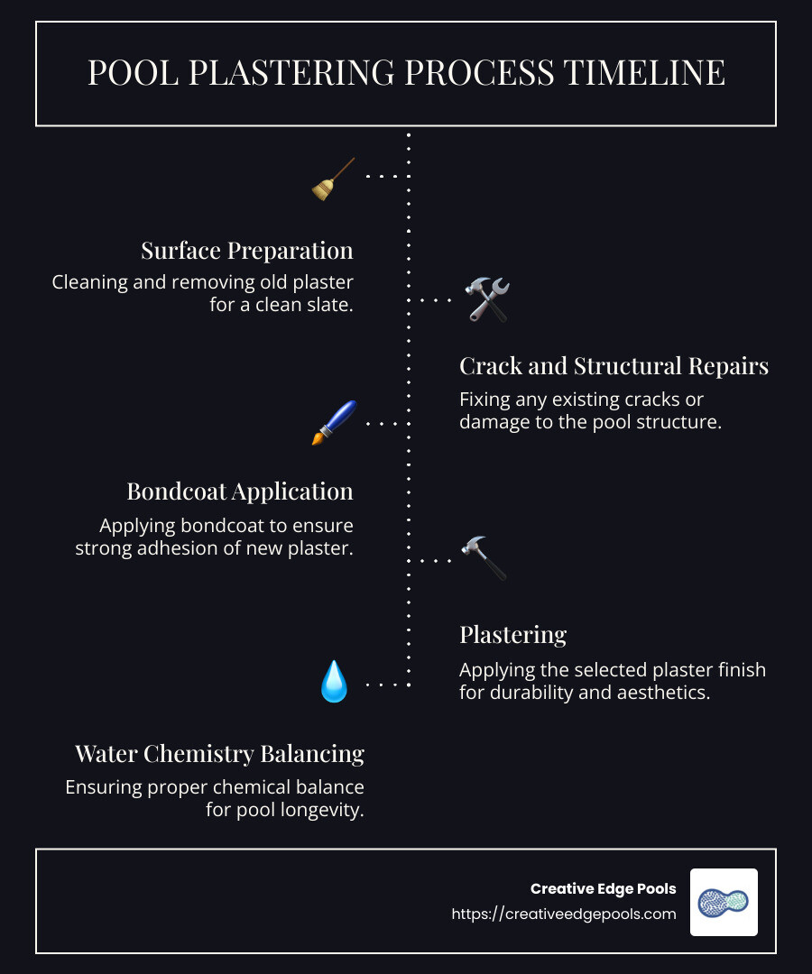 Pool plastering process timeline infographic illustrating steps: surface preparation, crack and structural repairs, bondcoat application, plastering, and water chemistry balancing, emphasizing durability and aesthetics for pool longevity.