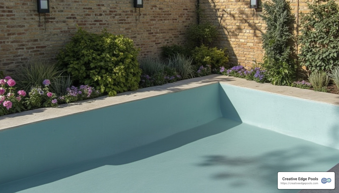 Empty swimming pool with fresh plaster finish, surrounded by vibrant landscaping and brick wall, representing pool renovation process by Creative Edge Pools.