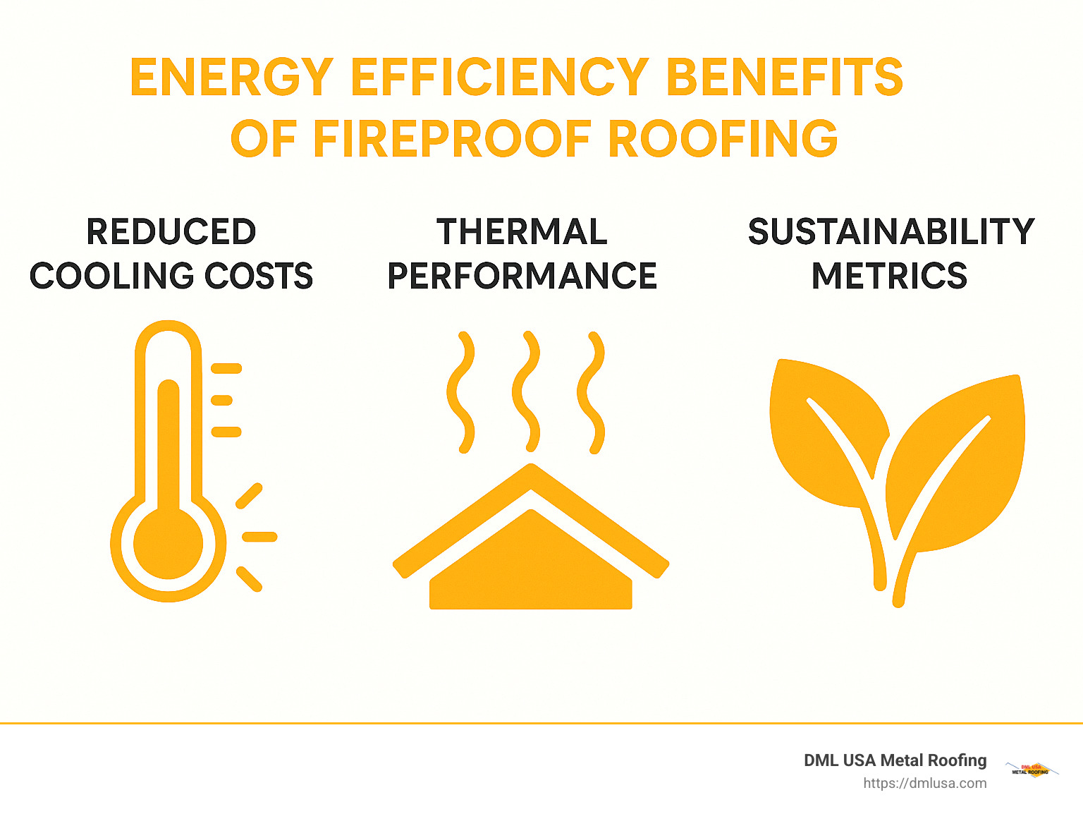 Energy efficiency benefits of fireproof roofing showing reduced cooling costs, thermal performance, and sustainability metrics - fireproof roofing solutions infographic 