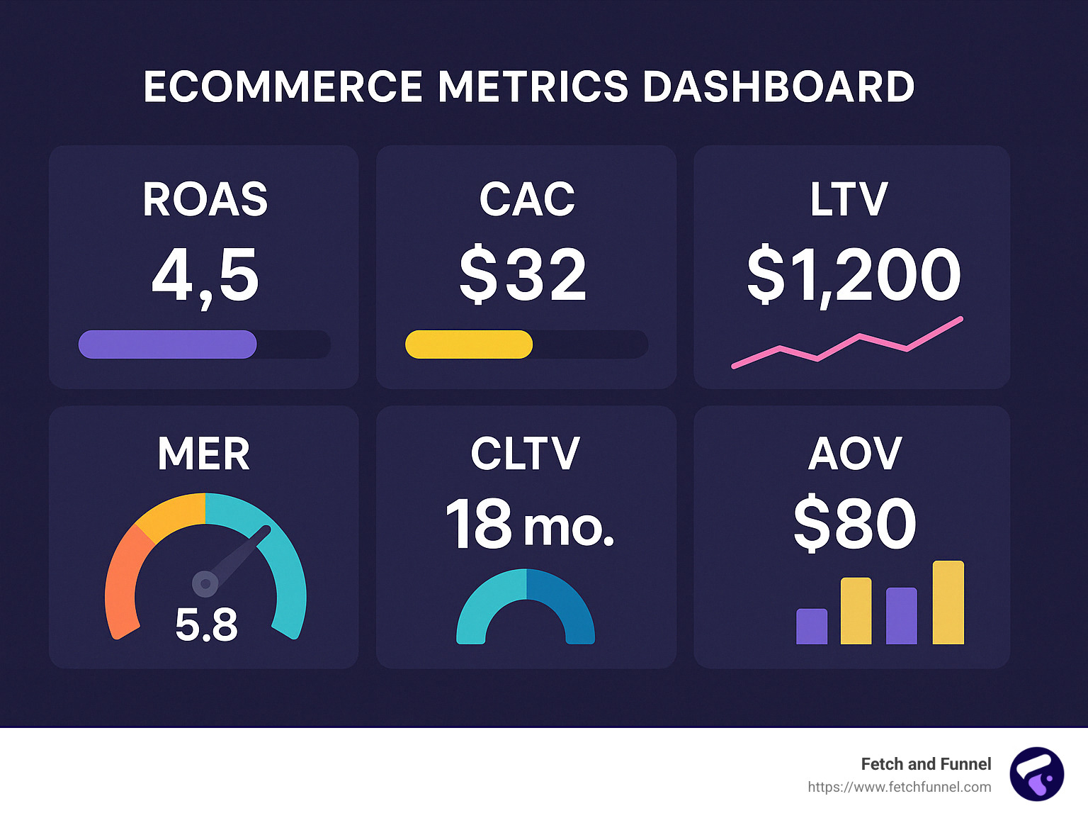 Ecommerce metrics dashboard showing ROAS, CAC, LTV and other key performance indicators - ecommerce growth agency infographic