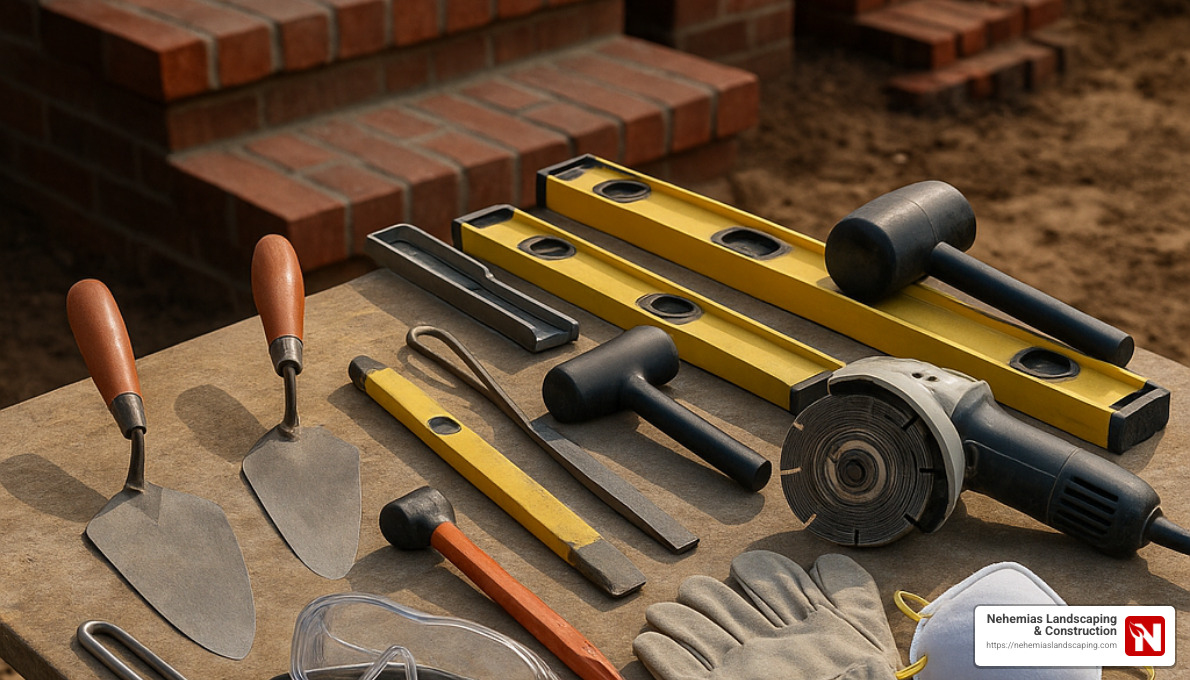 Tools needed for brick step installation including trowels, levels, rubber mallet, brick set, and safety equipment - how to install brick steps