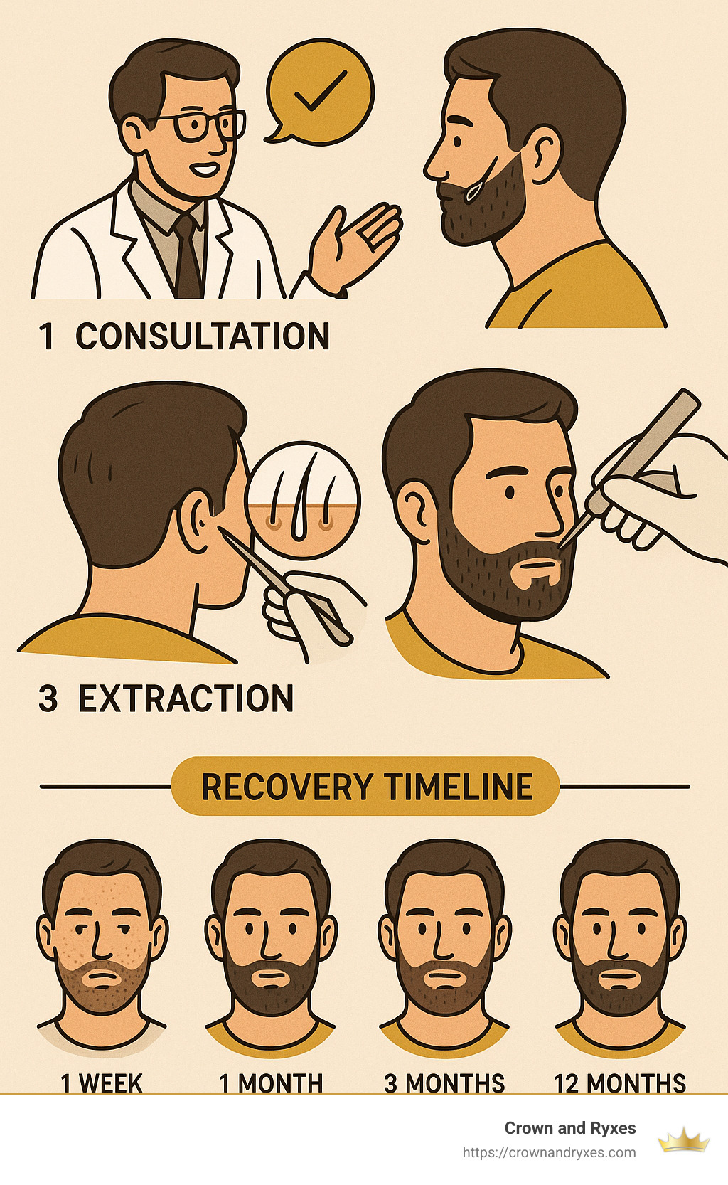 Beard transplant procedure steps showing consultation, extraction, implantation, and recovery timeline with expected results at different stages - beard transplant clinic infographic 