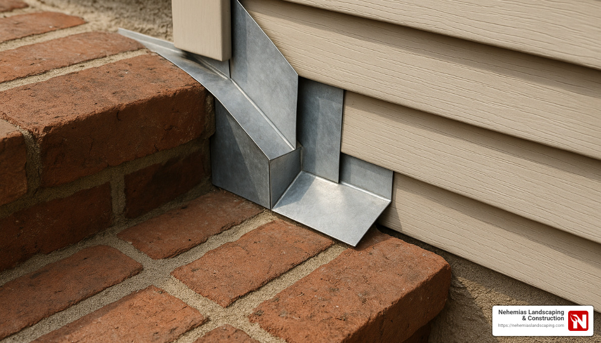 Detail showing proper installation of step flashing where brick steps meet house wall - how to install brick steps