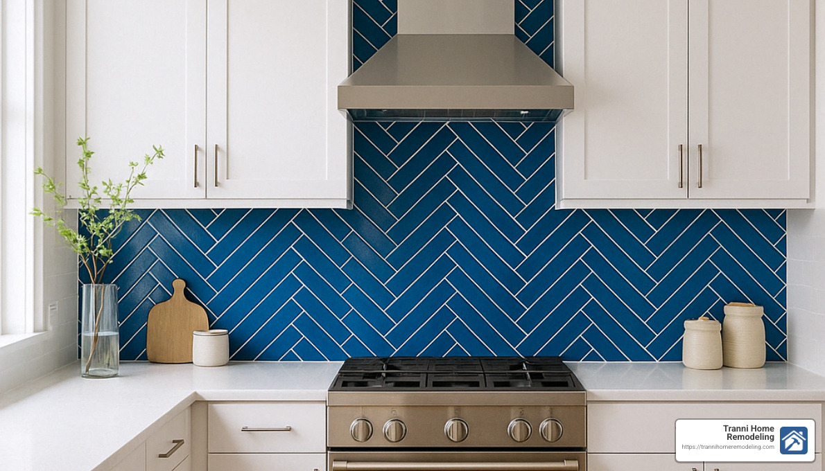 blue herringbone backsplash - kitchen backsplash designs