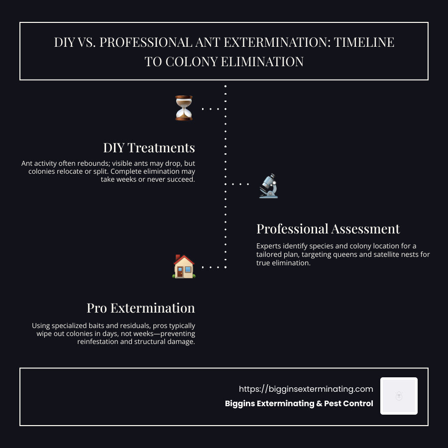 Timeline comparing DIY ant control attempts vs professional ant extermination showing colony elimination in days vs weeks - ant exterminators in my area infographic infographic-line-3-steps-dark