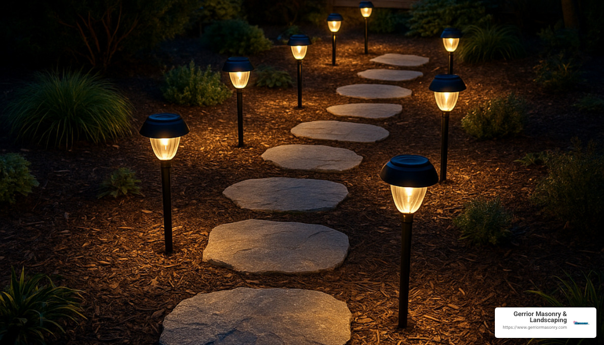 night-lit stepping stone path with solar lights - how to install stepping stone walkway