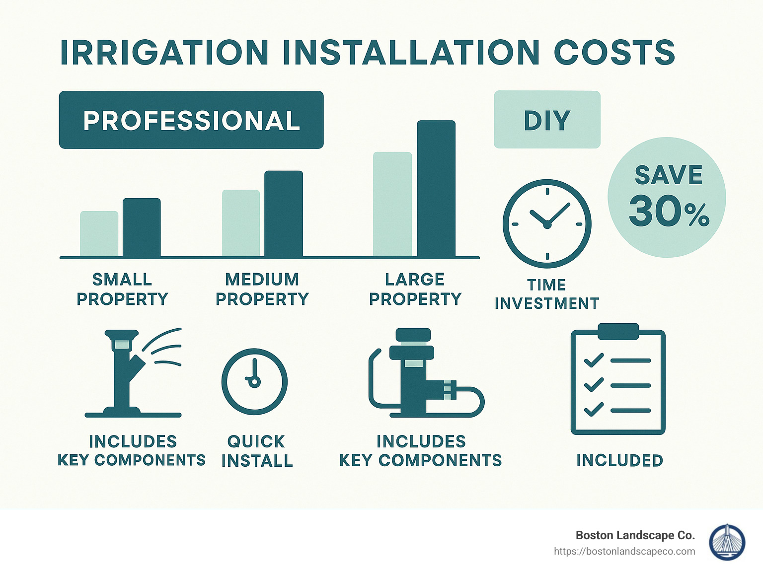 Professional irrigation installation costs versus DIY showing potential savings but highlighting the expertise and time requirements that differ - how are irrigation systems installed infographic