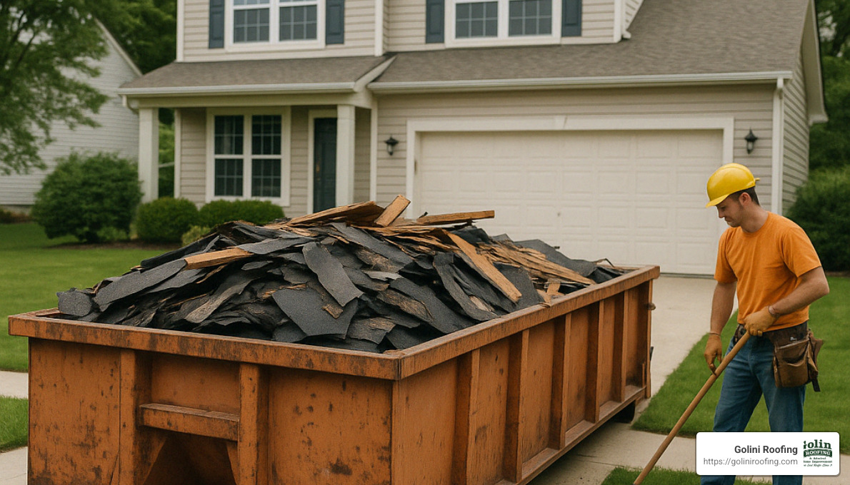 Construction dumpster on driveway for roof debris removal - average cost to roof a house