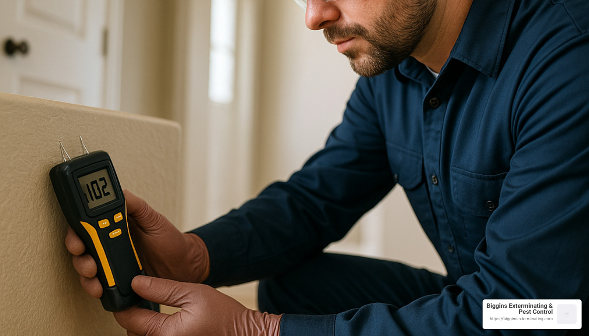 Technician using moisture meter to detect hidden ant nests - ant exterminators in my area