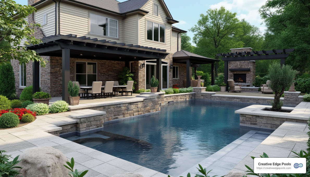3D rendering of custom pool and landscape design - landscape and pool design near me
