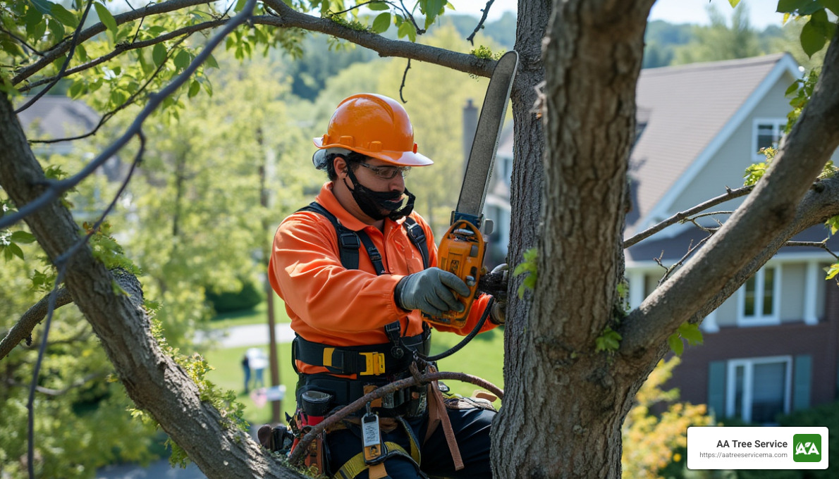 arborist pruning tree limb with proper technique - tree service north andover ma