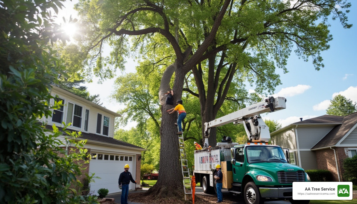 tree service crew with crane removing large tree - tree service north andover ma