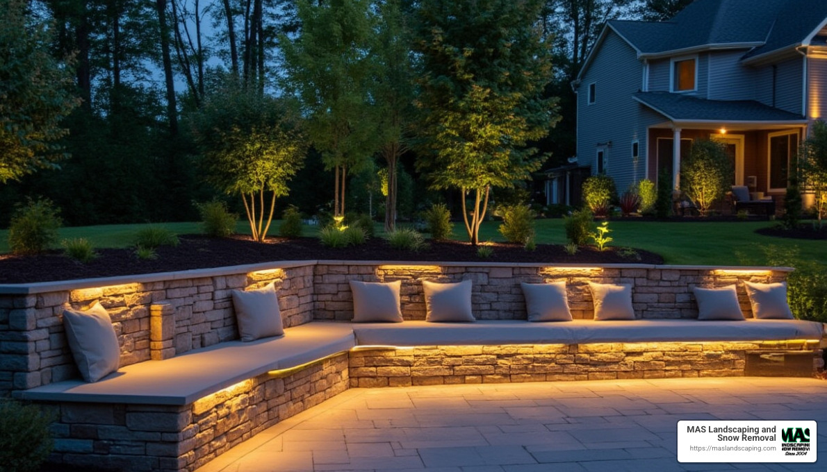 retaining wall with integrated LED lighting and built-in seating - retaining wall construction near me