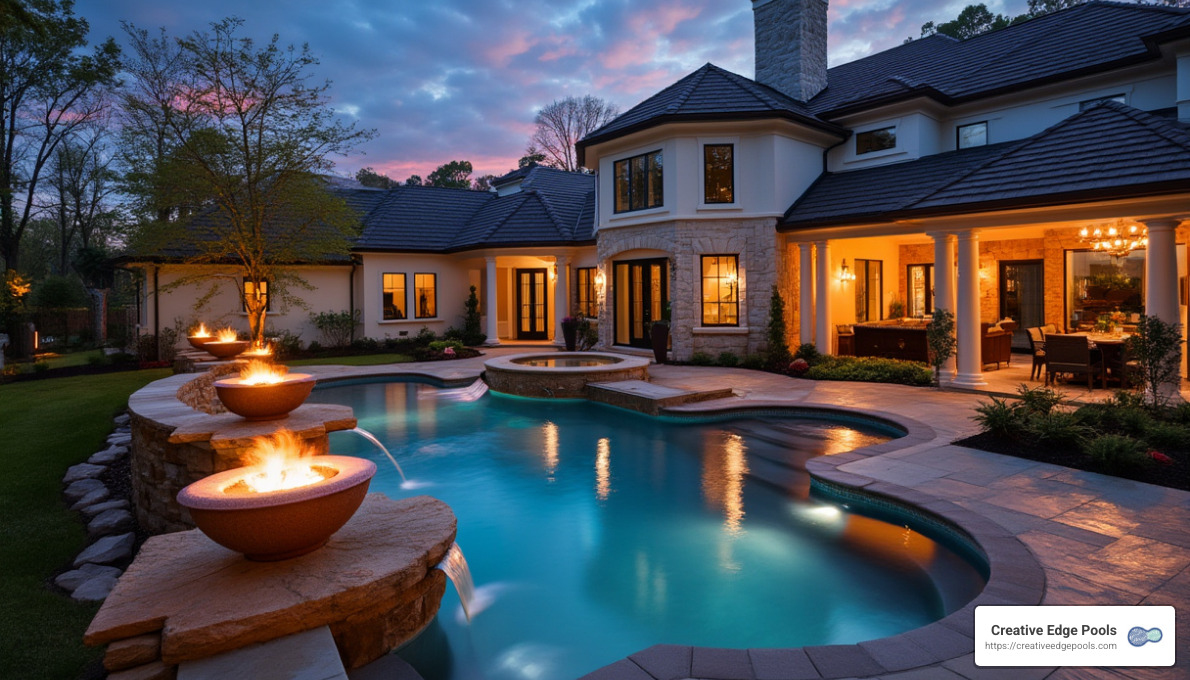 Pool with integrated fire and water features - landscape and pool design near me