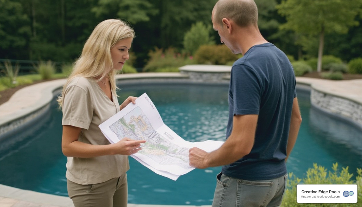 landscape designer discussing plans with homeowners - landscape and pool design near me